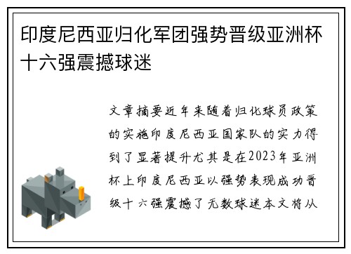 印度尼西亚归化军团强势晋级亚洲杯十六强震撼球迷 印度尼西亚归化军团强势晋级亚洲杯十六强震撼球迷
