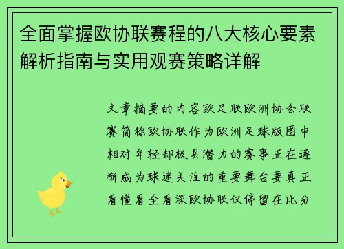 全面掌握欧协联赛程的八大核心要素解析指南与实用观赛策略详解